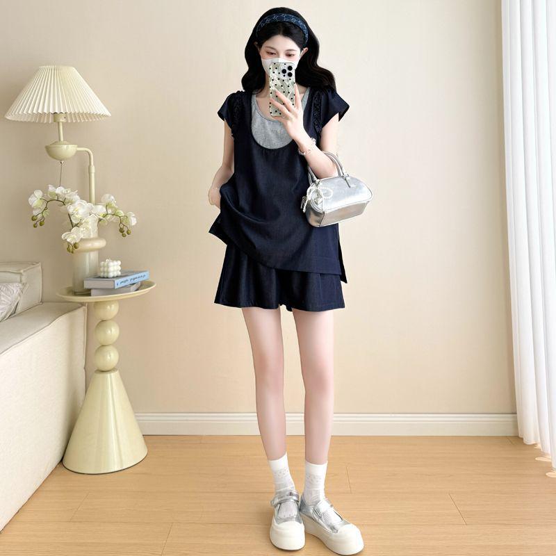 

Летний джинсовый комплект из шорт и топа для беременных 2026 для мам M fits 90-110 jin