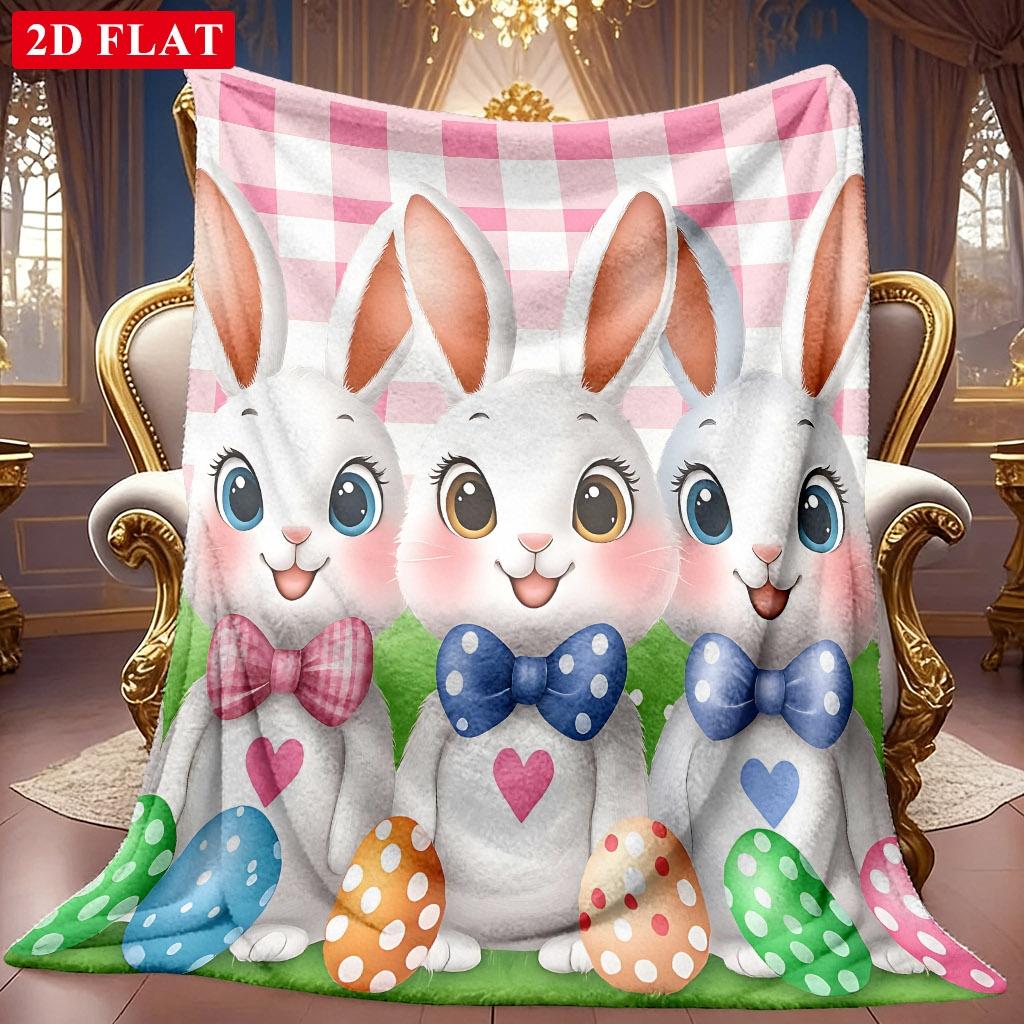 1pc 2D Cute Rabbit And Easter Egg Theme Pattern Flannel Blanket, Soft HD Digital Print, Cooling Blanket All-Season Use! Soft And Breathable 100% Polye