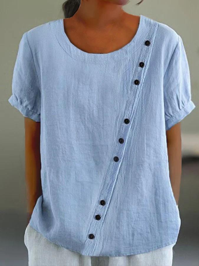 

Temperament Casual Round Neck Top Cotton and Linen Button Up Women’s Blouses & Shirts 3XL пшеничний