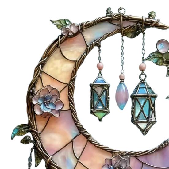 Crescent Moon Floral Acrylic Suncatcher Stained Glass Effect Window Hanging Ornament Boho Sun Catcher Panel for Bedroom Garden Home Decor