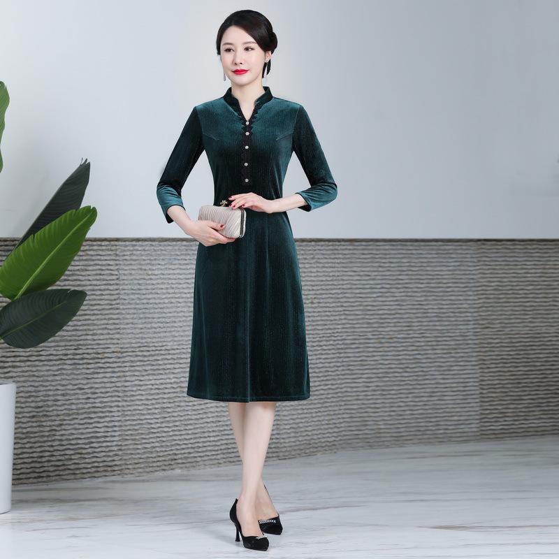 

Hongyun Embroidery Autumn Long Sleeve Retro Dress for Middle-aged and Elderly Women 4XL