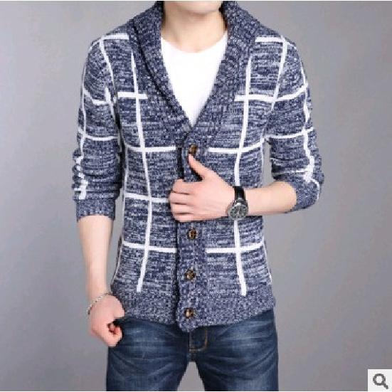 

2025 Осень/Зима Новый мужской вязаный кардиган Модный приталенный корейский клетчатый теплый свитер-куртка XXXL темно-синий