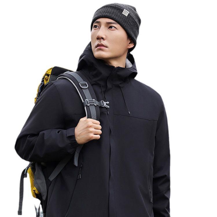 Men's Autumn-Winter Waterproof Windbreaker: Hooded Outdoor Mountaineering Jacket with Printed Logo.