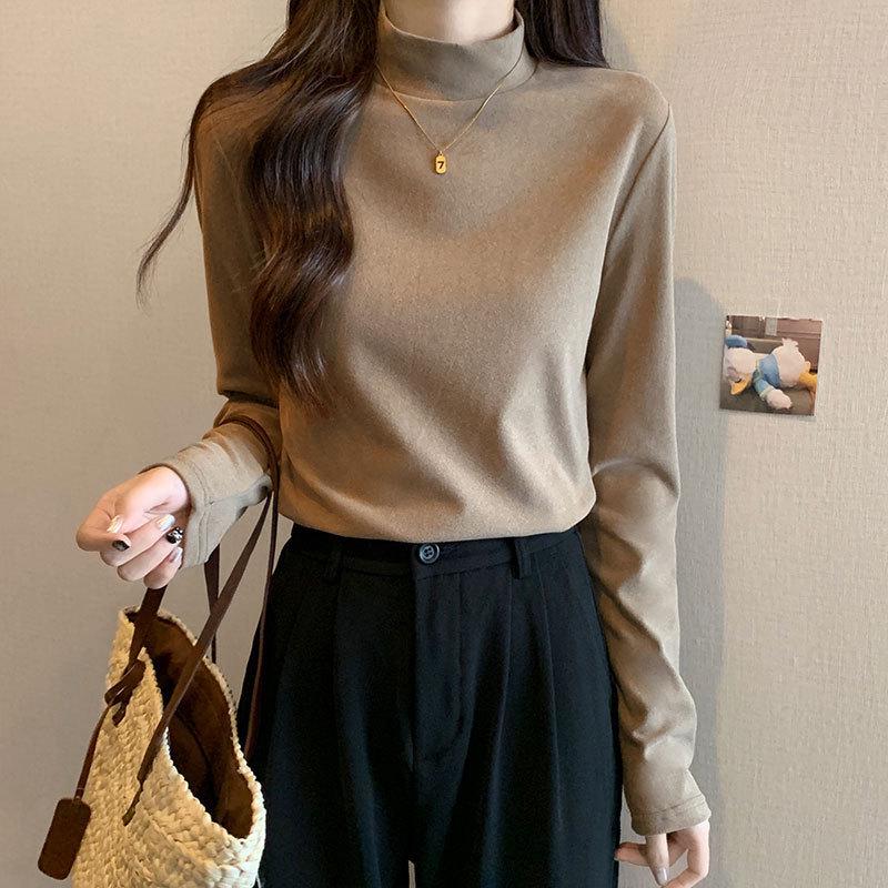 Velvet Semi-High Neck Long Sleeve Women's Modal Base Layer T-Shirt - Slimming White Autumn/Winter Fashion Top