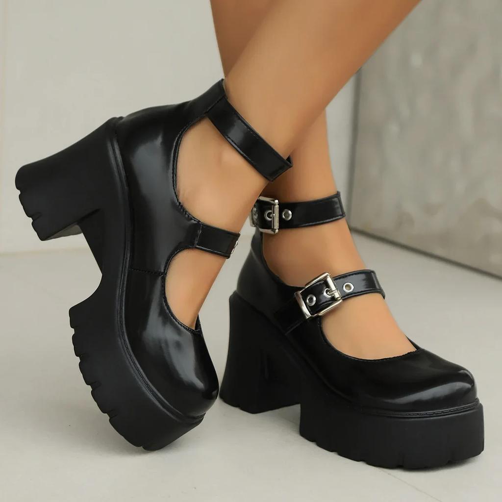 Fashion Gothic Chunky Platform Pumps for Women Super High Heels Ankle Strap Mary Jane Shoes Woman Patent Leather Thick Heel Pumps Ladies