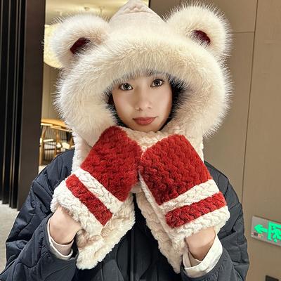 Cute Bear Hat and Scarf for Women's New Style Autumn and Winter Plus Velvet Scarf Cold Warmth Hairy Ear Protection Hat