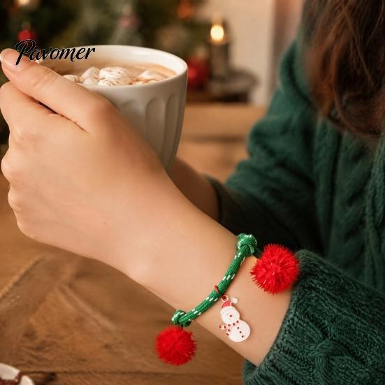 Christmas Gift for Women Bracelets, Red Green String Bracelet, Adjustable Rope Bracelet with Handmade Alloy Jewelry Charm And Tinsel Pom Poms, Holiday