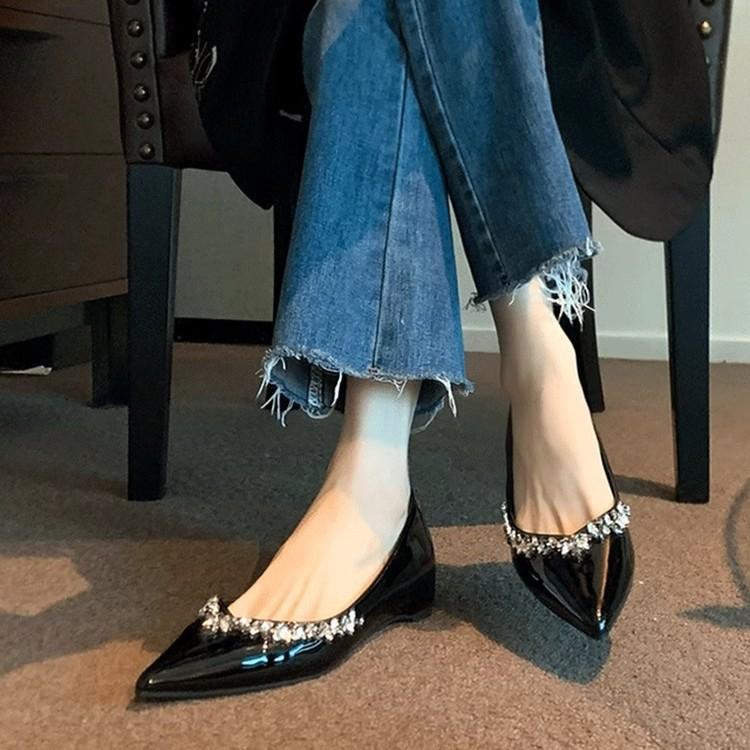 Sheepskin New French Evening Wind Rhinestone Pointed Flat Shoes Women's Shallow Mouth Inner Height Increase Single Shoes Commuter Soft Sole Wo