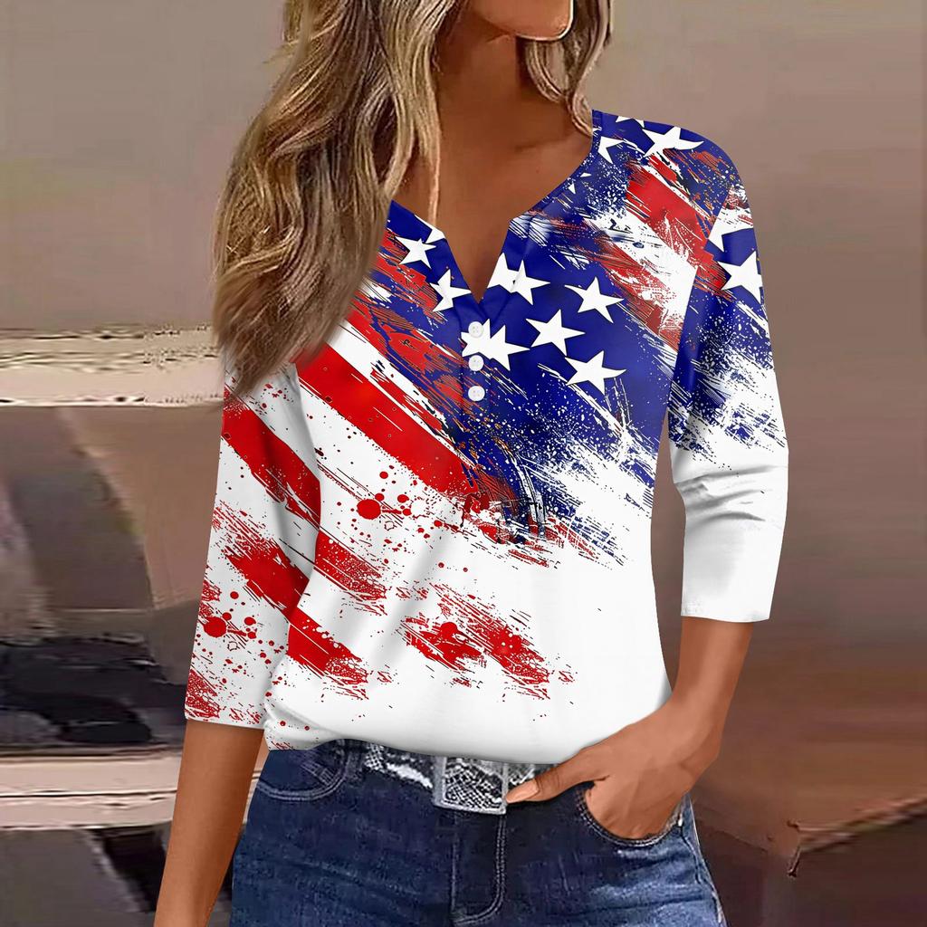 Women's T Shirt Independence Day Print Button 3/4 Sleeve Daily Weekend Fashion Basic V- Neck Regular Top