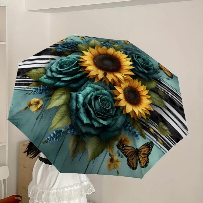 1pc Sunflower Bouquet with Butterflies Umbrella with Plastic Handle,Suitable for All Seasons Home Travel Outdoor UmbrellaDD1776