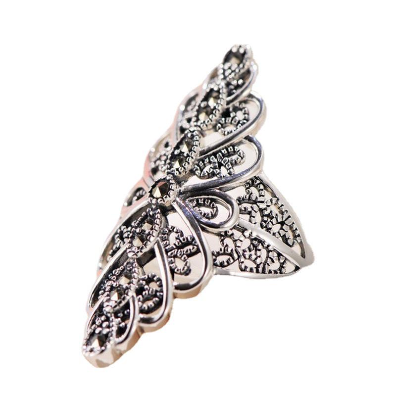 Huajie S925 Sterling Silver Vintage Romblus Spets Bred Band Petal Damring