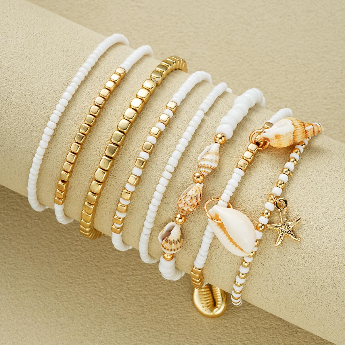 

8Pcs/Set Bohemian Conch Starfish Rice Beaded Anklets for Women Fashion Gold White Color Anklets Set Summer Seaside Jewelry Gifts