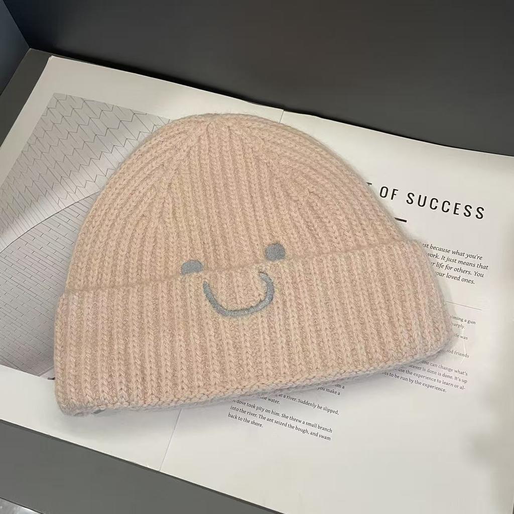 Niche Style Children's Woolen Hat Autumn and Winter Smiley Face Embroidery Boys and Girls Versatile Warm and Cold Hat Pullover Knitted Hat Trendy