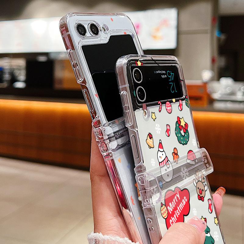 Christmas Santa Elk Print Case For Samsung Galaxy Z Flip 6 5 4 3 Hard Folding Clear Phone Cover For Samsung Z Flip5 Flip4 Flip6