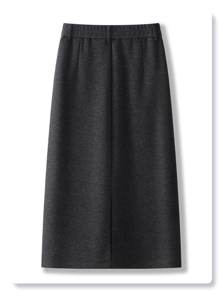 Autumn/Winter 2024 Women's Dark Woolen Bodycon Midi Skirt with Side Slit