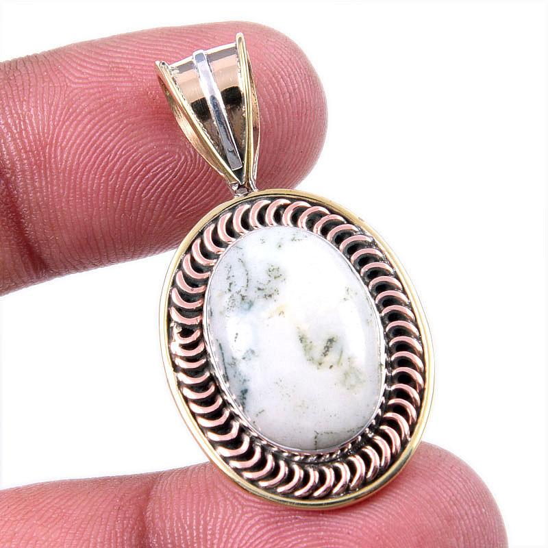 

Natural Green Dendrite Opal Gemstone 925 Solid Silver TwoTone Pendant 1.50 m3O83