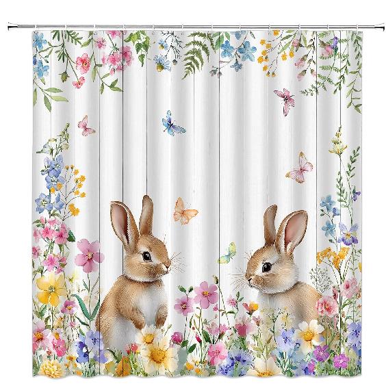 Spring Easter Bunny Shower Curtains Cute Rabbits Watercolor Flower Floral Butterfly Nature Happy Easter Holiday Fabric Bathroom Fabric Curtain with