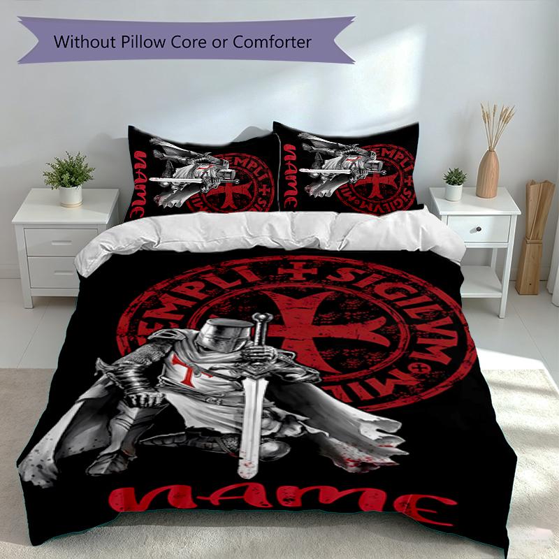 3pcs Custom Name Knights Templar Set,Includes 1 Duvet Cover and 2 Pillowcases,All-season Bedroom Decor