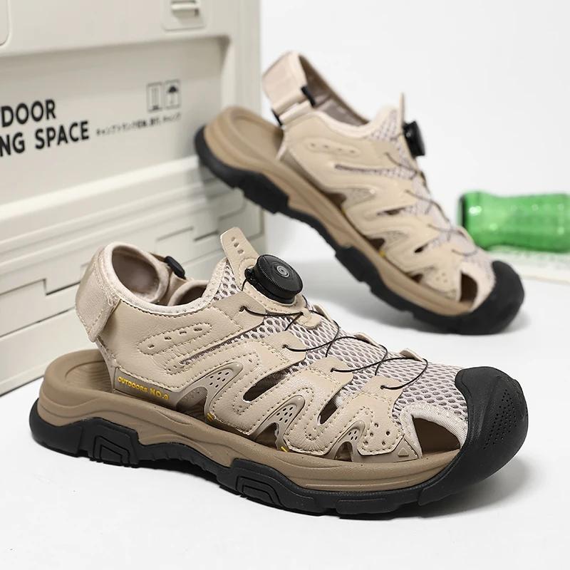 Fashion Summer Men British Style Walking Sandals Genuine Leather Casual Leather Outdoor Beach Shoe Breathable Antiskid Sandals Plus Size