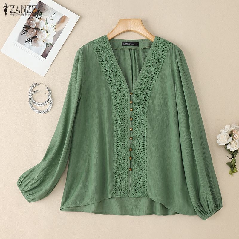 

ZANZEA Women Casual V Neck Solid Color Long Sleeve Lace Crochet Loose Blouse 5XL зелёный