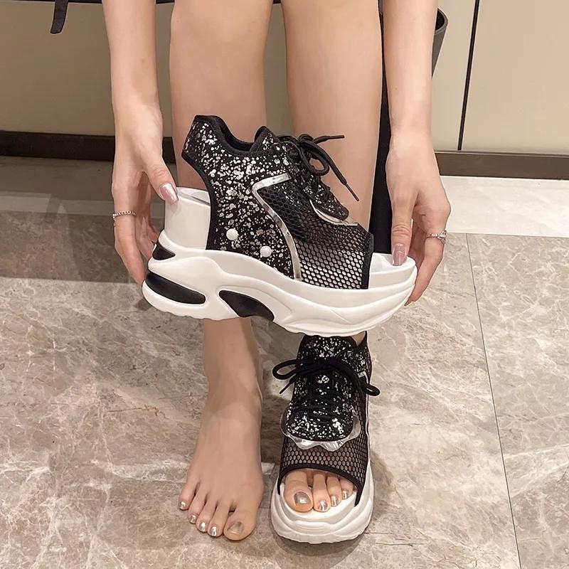 Fashion Air Mesh Breathable 8cm Women Sandals 2024 New Comfortable Shoes Fashion Summer Fish Toe Platform Wedge High Hidden Heels Ladies