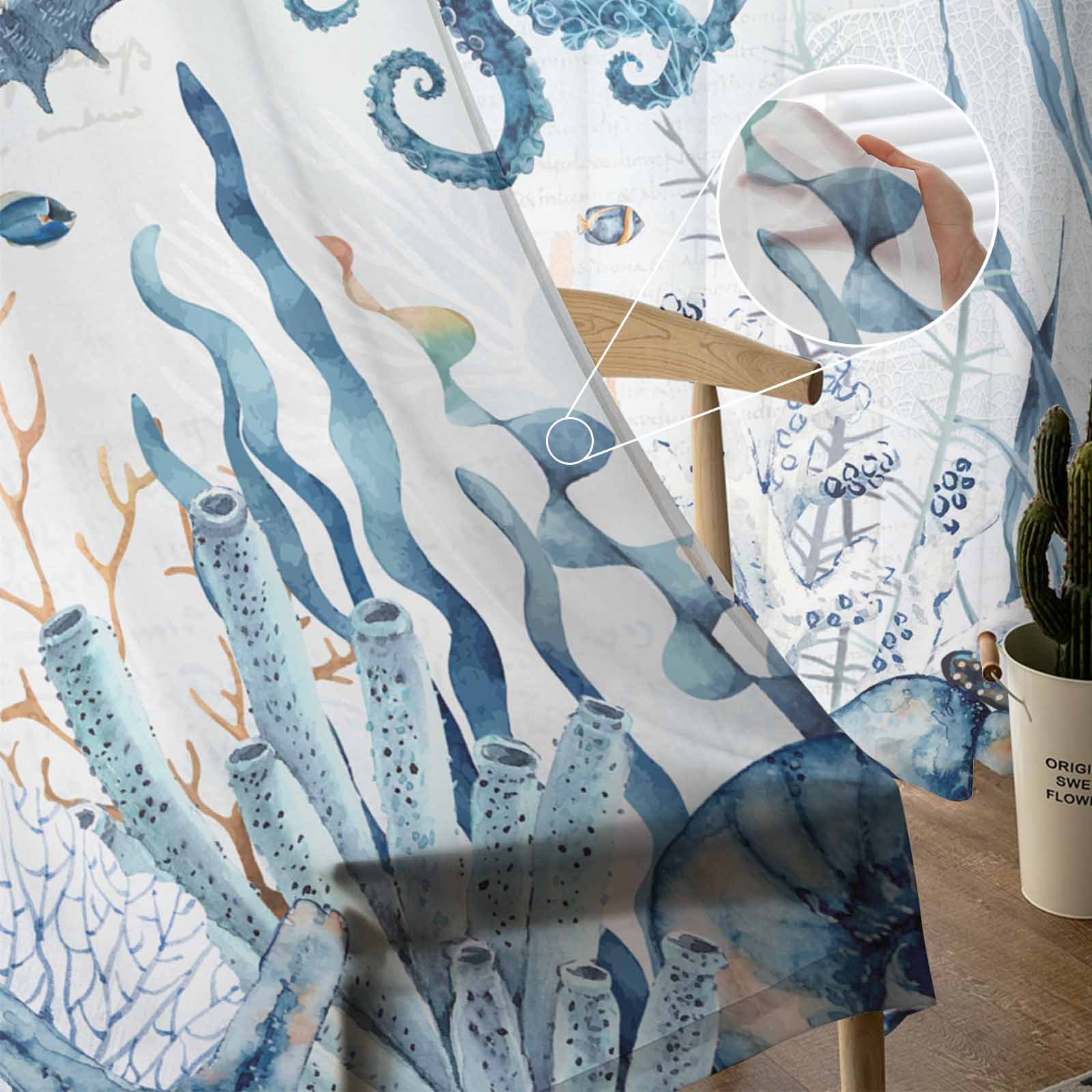 Летние шторы из тюля для окон с изображением морской звезды и морской жизни для гостиной — фото 5