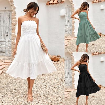 Dames Lente Effen Kleur One Collar Mouwloos Strapless Jurk Zomer Casual A-lijn Hoge Taille Middenlange Jurken S-XL