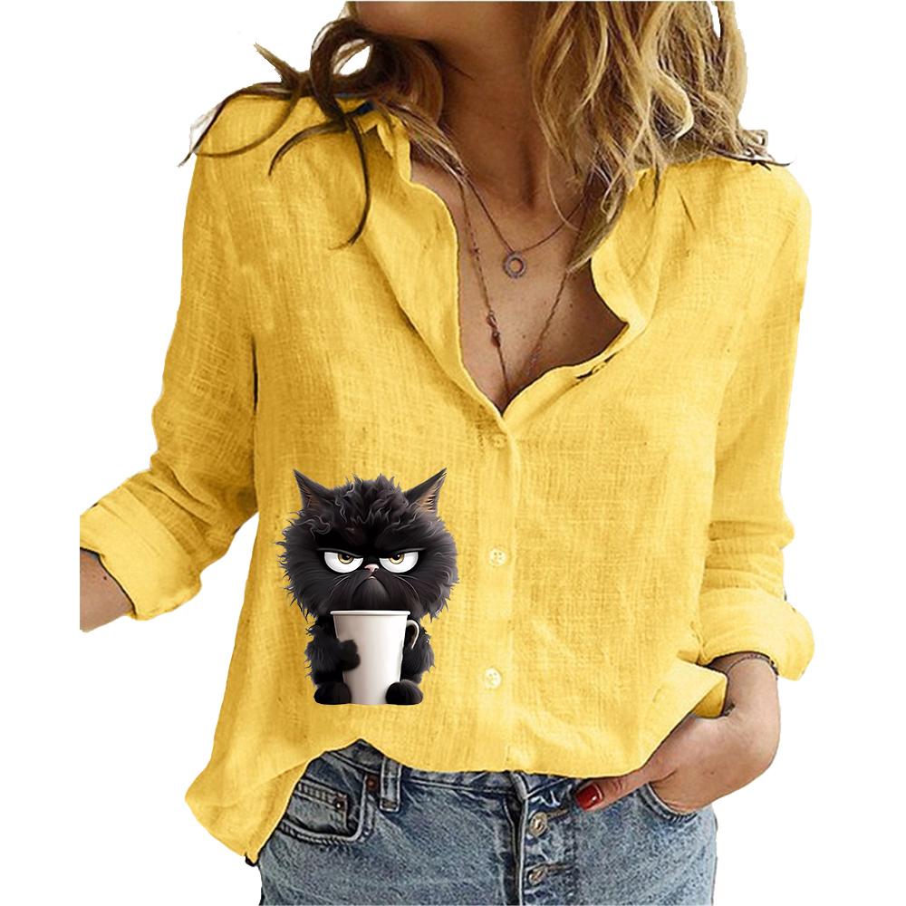 

Женская модная блузка с принтом на пуговицах, свободный топ из хлопка и льна, повседневная рубашка с длинным рукавом 5XL жёлтый