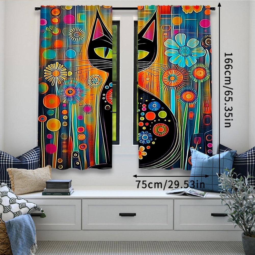 Set Of 2 Rustic Black Cat Curtain Vintage Watercolor Design Suitable Living Room Bedroom Many Other Occasions Polyester Perfect For Area