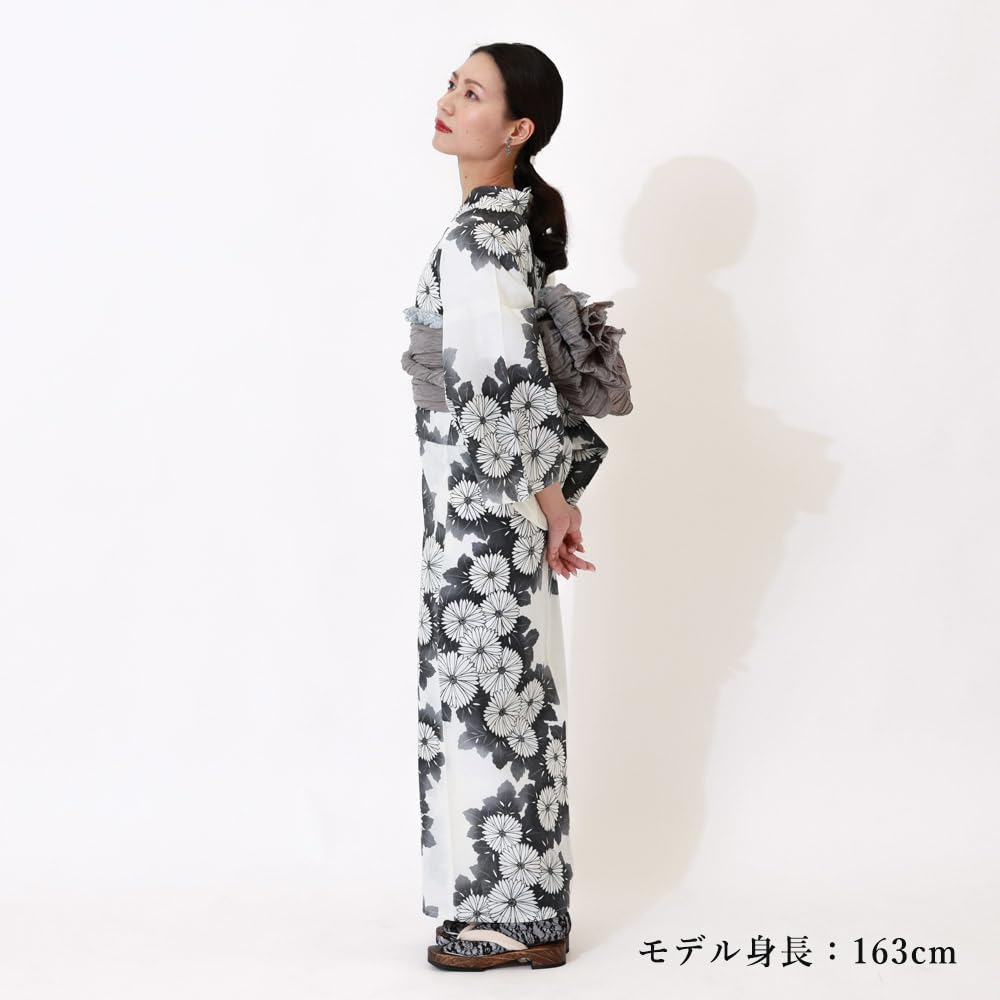 [Kyoto Kimono Yuzen] Women's Yukata Set with Heiko Obi (2-piece set) - Black with Floral Pattern on White Background - Modern Yukata (Black