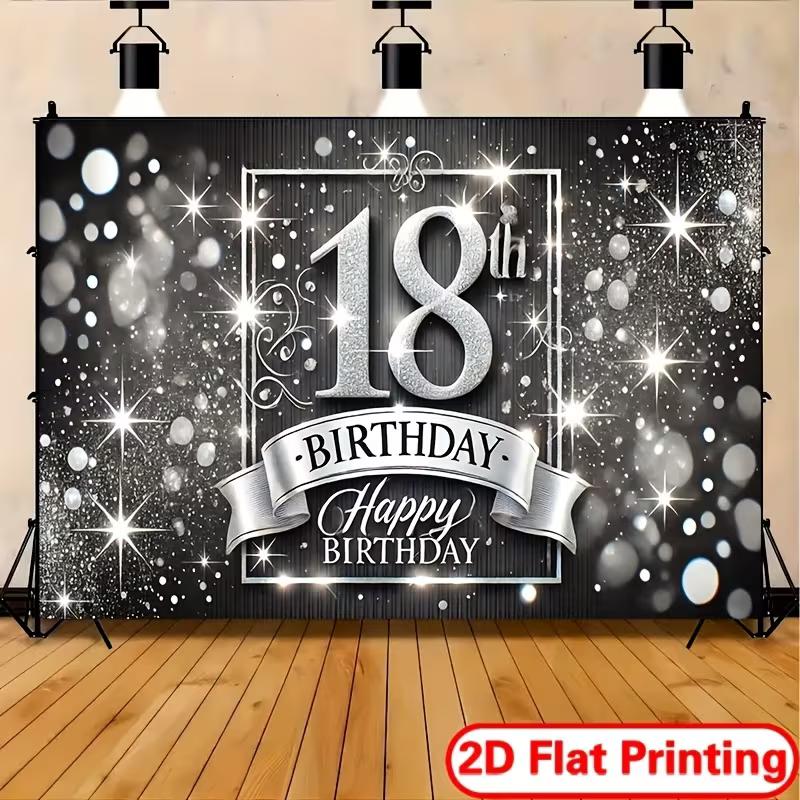 2D 18th Birthday Photo Booth Banner, Black Background with Silver Glitter