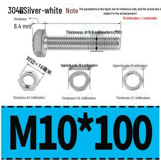 304 Stainless Steel Hex Head Bolt and Nut Set M6-M14, Lengths 8-100mm