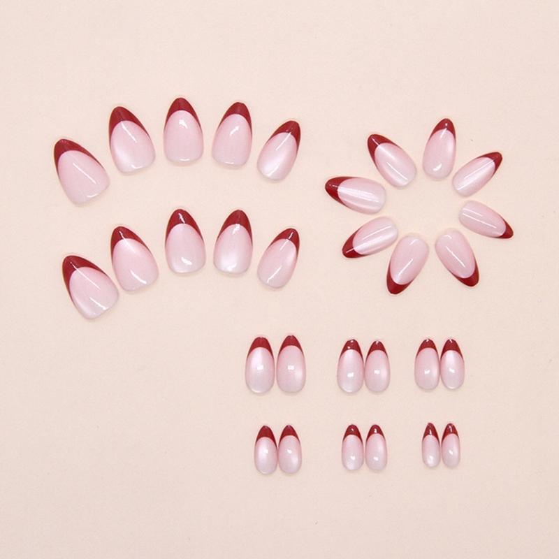 30 Pcs Short Almond Stick On Nail Cats Eye Full Cover False Nail French Tip Press On Nail Manicures Supplies for Woman