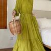 Frenchic Vintage Maxi Dress Women Stand Collar Lantern Sleeve Lace-up Female A-line Elegant Dresses Spring Autumn