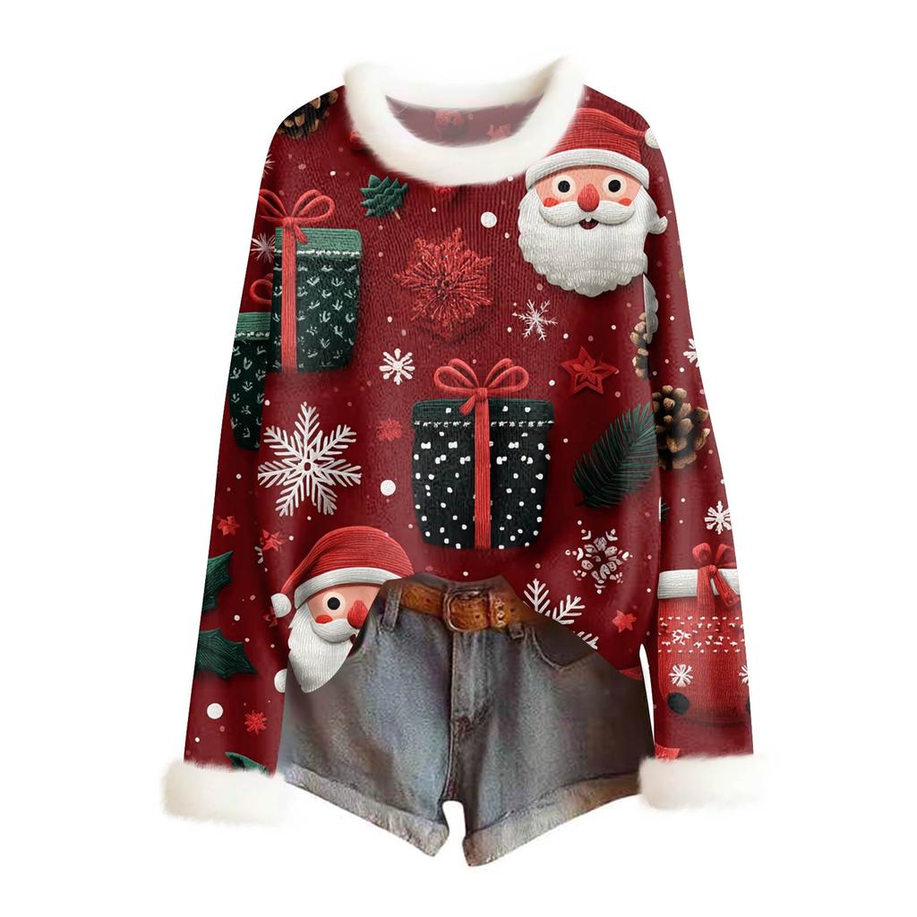 Women's Fashionable Christmas Printed Wool Collar Sweater Casual Long Sleeved Knitted Pullover Top