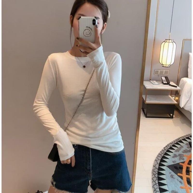 Women's 2025 Autumn/Winter White Slim Fit Long Sleeve Round Neck Base Layer Top