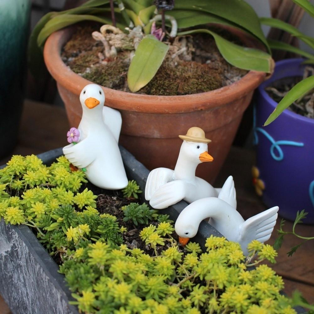 3PCS/SET Resin Simulated Animal Ornaments Adorable Shape Duck Figurine  Indoor Potted Plants