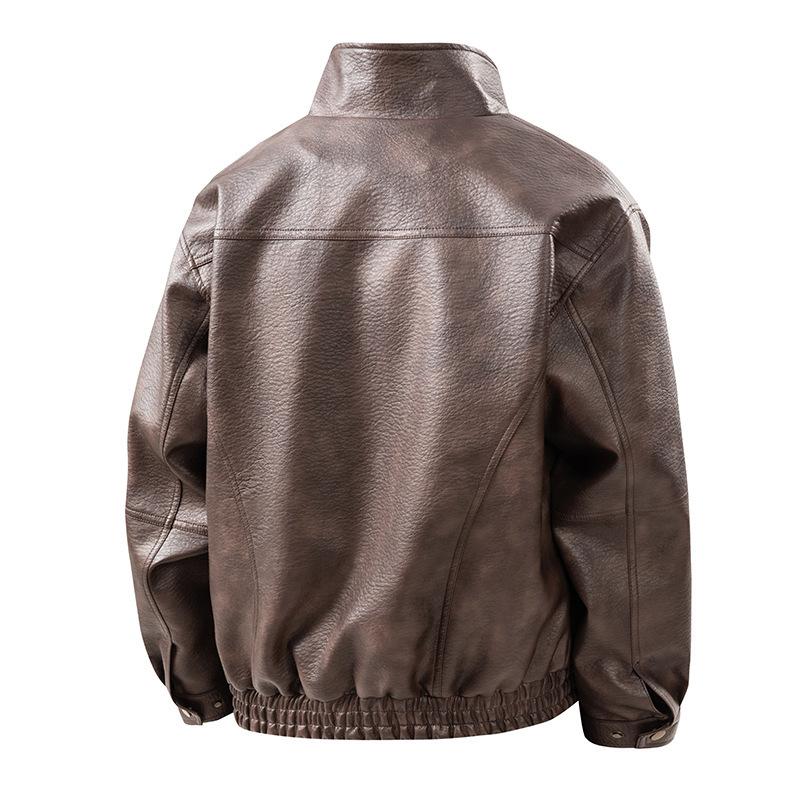 Mens Pu Leather Jacket Stand Collar Loose Retro Motorcycle Casual Outerwear