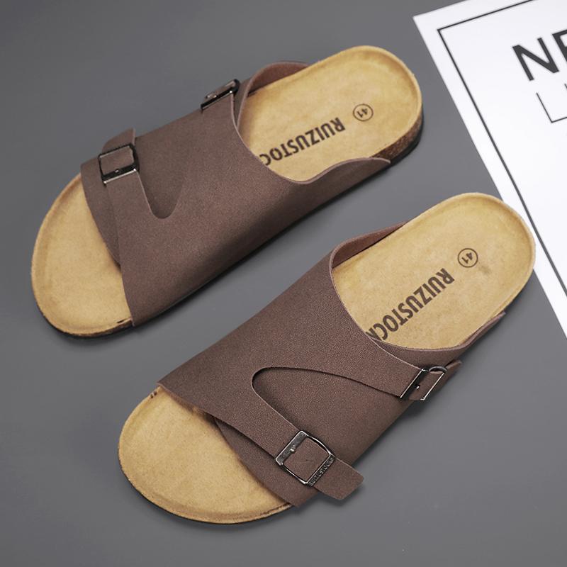 2024 New Summer Men's Cork Slippers Casual Beach Double Buckle Anti Slip Outer Matte Leather Casual Slippers Size 39-45