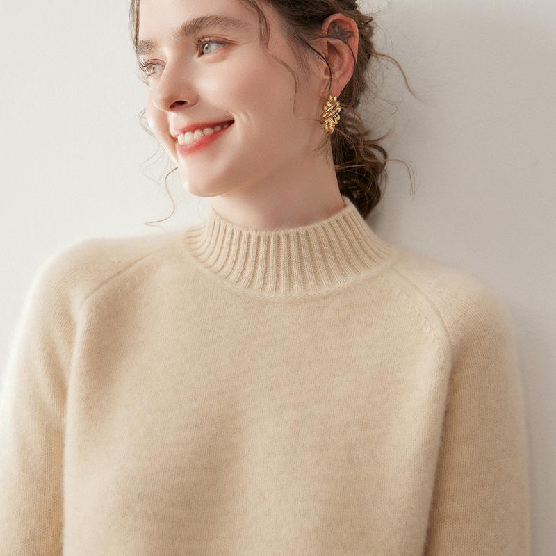 Women's Three-Ply Half-High Neck Cashmere Sweater - Versatile Autumn/Winter Knit Top