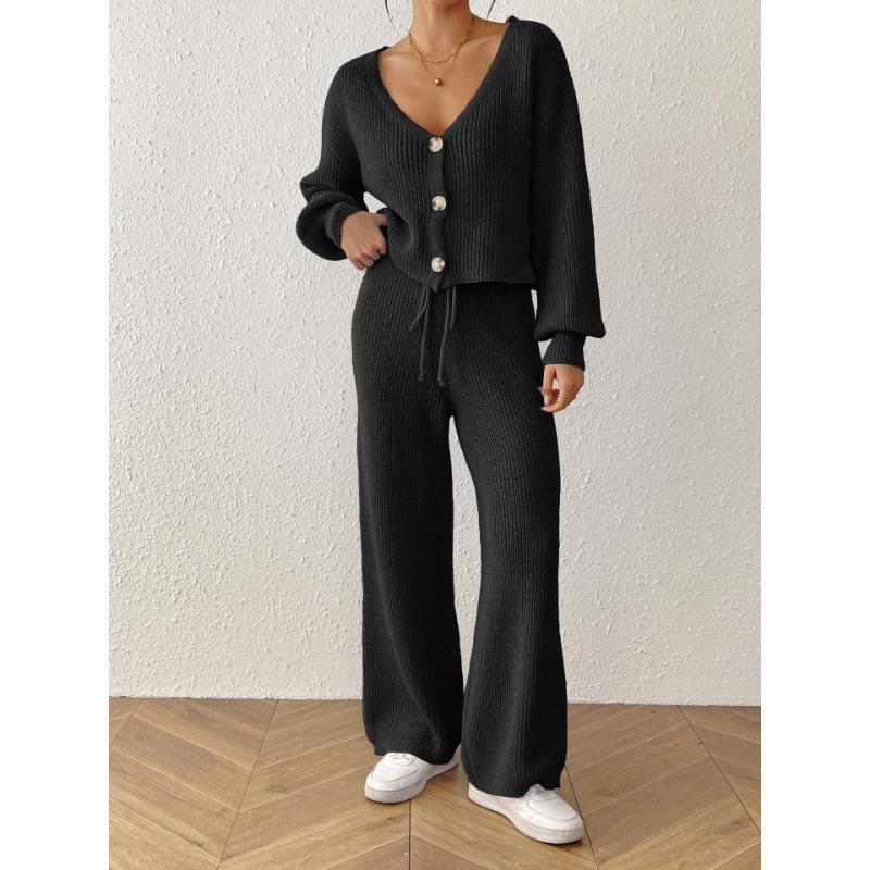Women S Two Piece Set Long Sleeve Open Front Cardigan Wide Leg Pants Solid Color