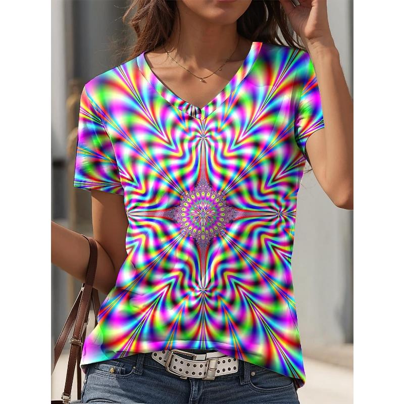 2025 New Summer Women's Cat Paw Color Print T-shirt V-neck Short Sleeve Street Casual Daily Basic Tops