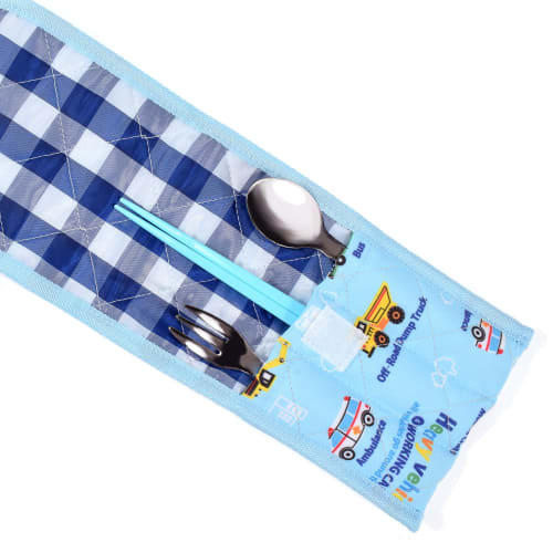 COLORFUL CANDY STYLE Cutlery Case, Water-Repellent and Quilted, Full Throttle Vehicle Design, Set of 2, Boys' Cool Kids' Case, Suitable for Kindergart