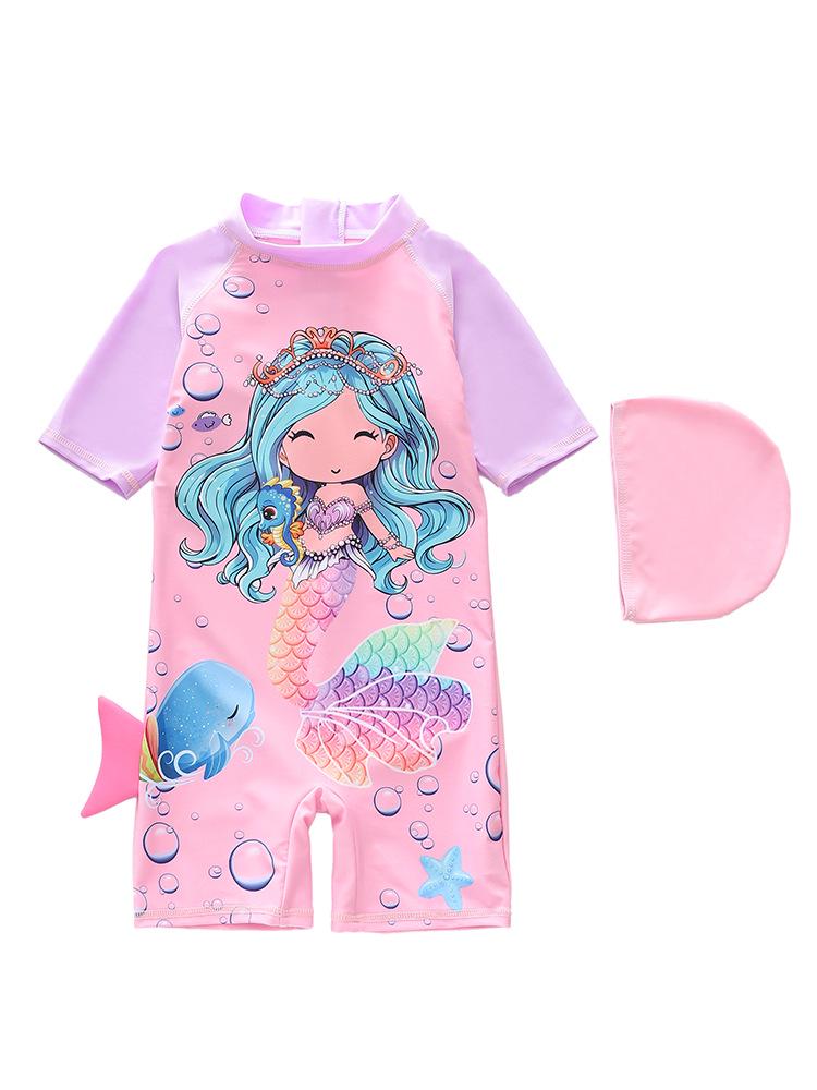 2026 Girls' One-Piece Swimsuit: Cute, Sun-Protective, Short Sleeves, Shorts for Surfing & Pool Activities
