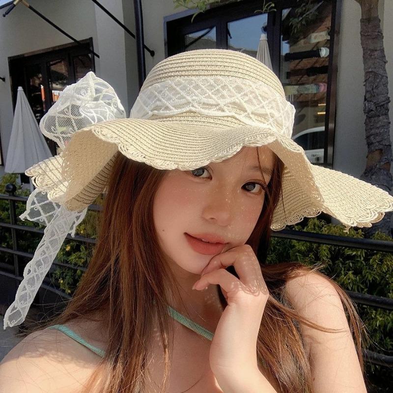 Hat summer women summer bow lace straw hat seaside versatile atmosphere sun protection sun hat straw sun hat