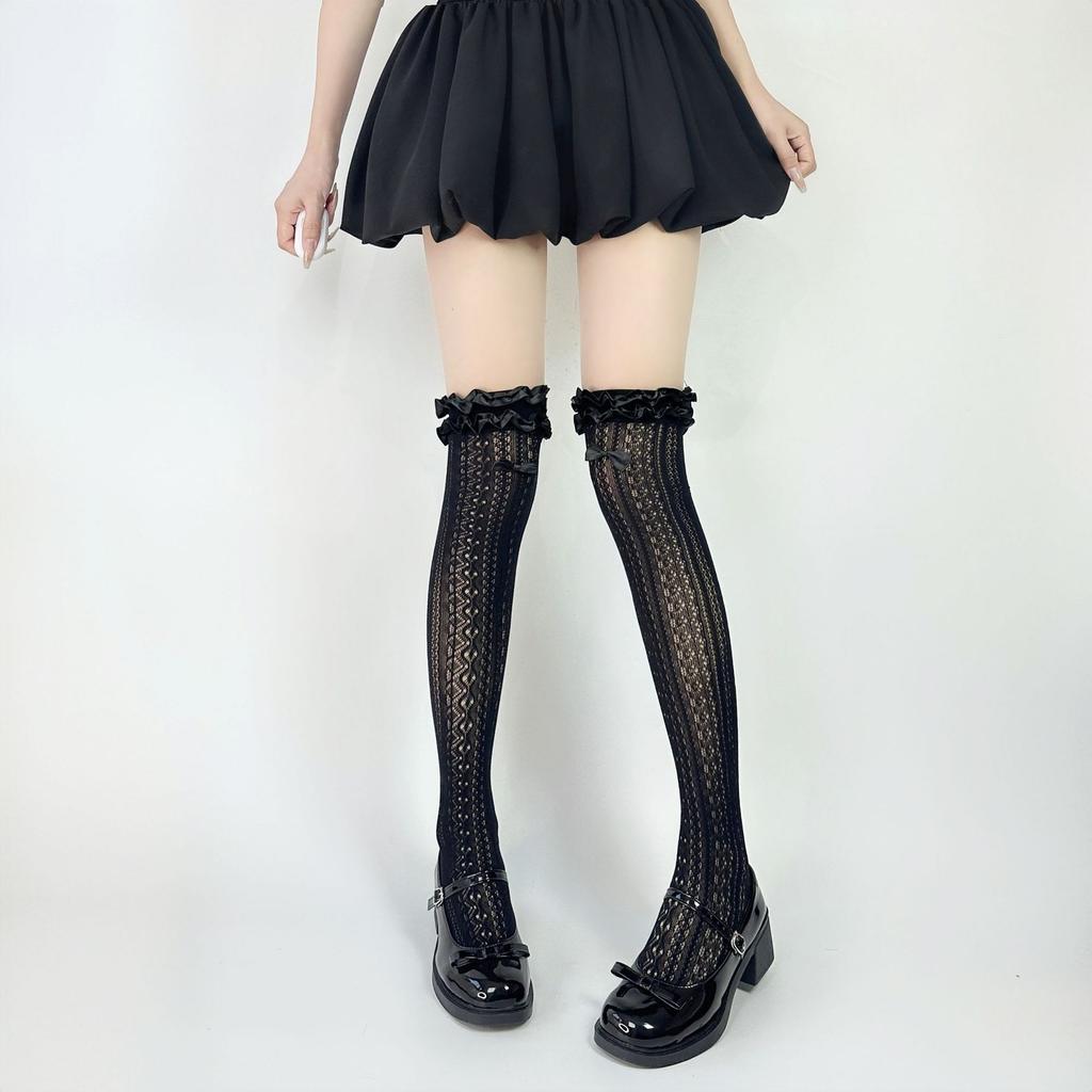 Retro Lolita Lace Bow Over-the-Knee Socks Hollow Lace Mary Jane Sweet Mid-Calf Socks Summer Thin Short Socks