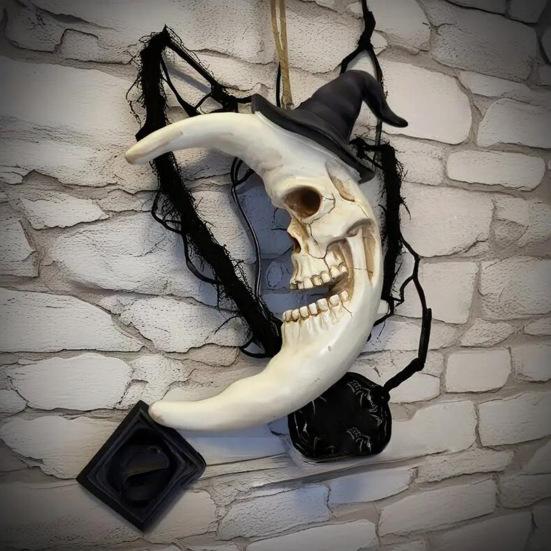 Skull Crescent Pendant Halloween Moon Hanging Decoration Gothic Resin Moon Pendant Wearing Wizard Hat for Wall Door Porch Decoration
