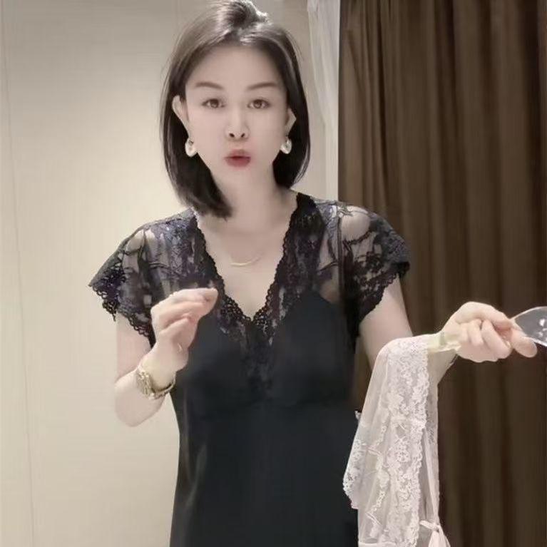 Women's Loose Ice Silk Summer Nightdress with Chest Pad