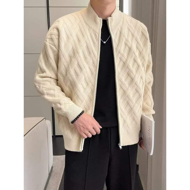 Mens Half Turtleneck Knit Cardigan With Cable Twist Loose Fit Casual Sweater Winter Daily Wear