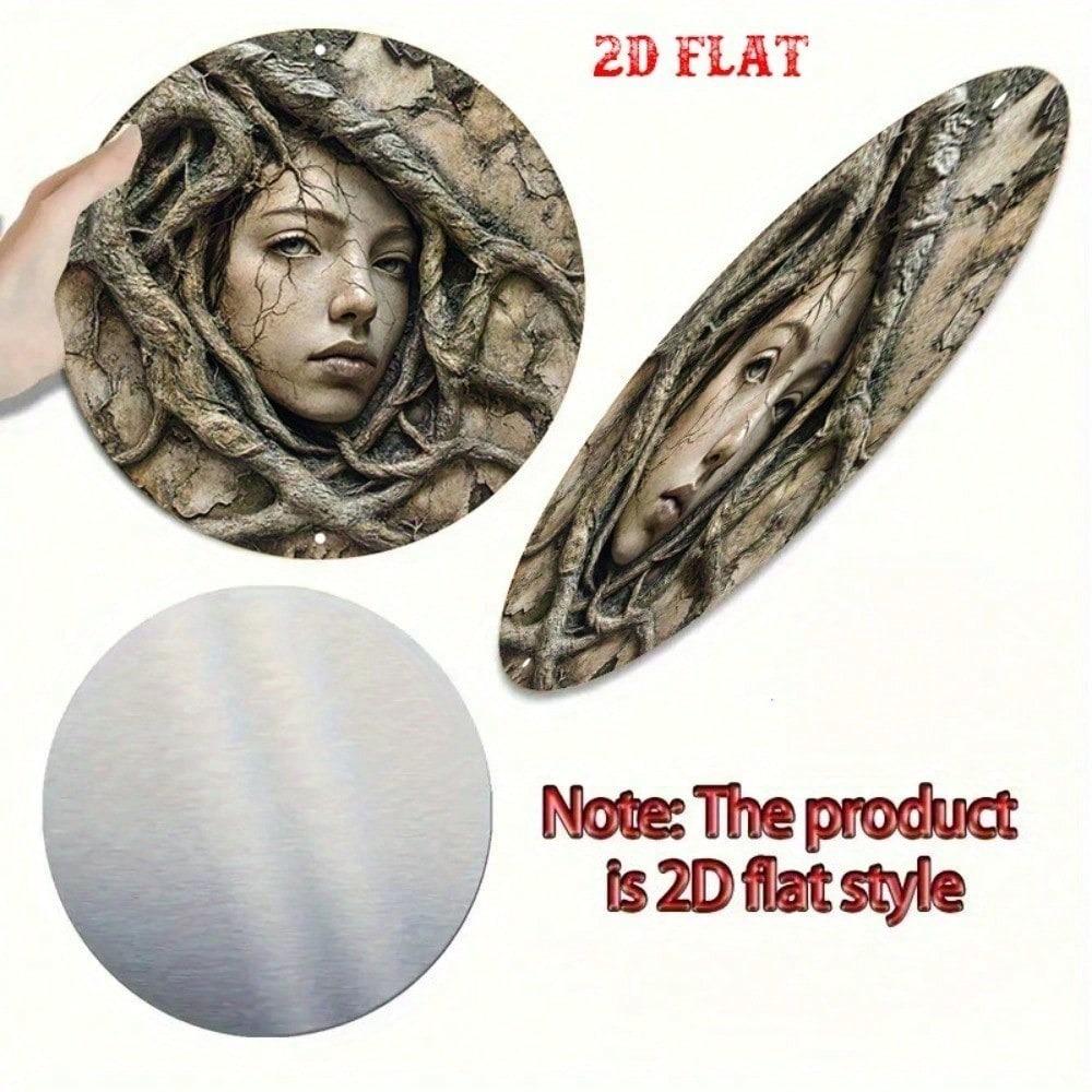 Retro Round Metal Tin Sign 7.8 Inch Stone Face Wall Art Nature Roots Design Frameless Home Decor